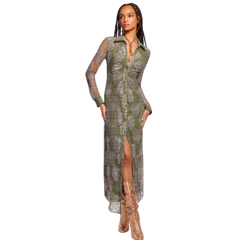 Ramy Brook Wyatt Dress Size Small DARK SAGE TARTAN Plaid Green long sleeve